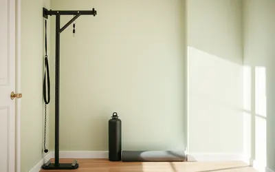 A bright home training corner with a wall-mounted strength unit, a mat and a water bottle, no people visible