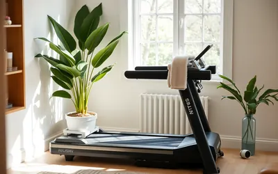 A treadmill set up in a bright corner of a home with a towel and water bottle nearby