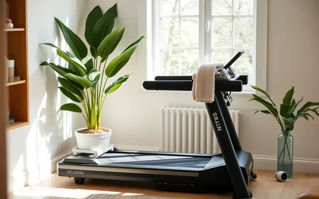 A treadmill set up in a bright corner of a home with a towel and water bottle nearby