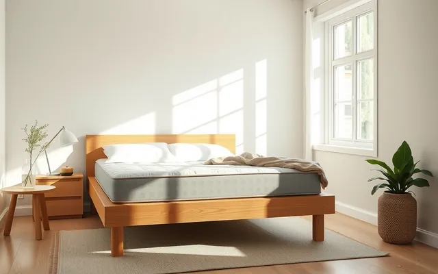A thick memory foam mattress on a simple bed frame in a calm, softly lit bedroom with folded bedding