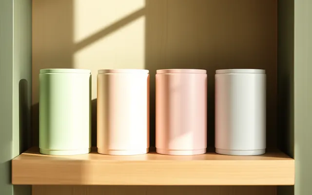 A row of plain, unlabelled tubs in pastel colours on a shelf