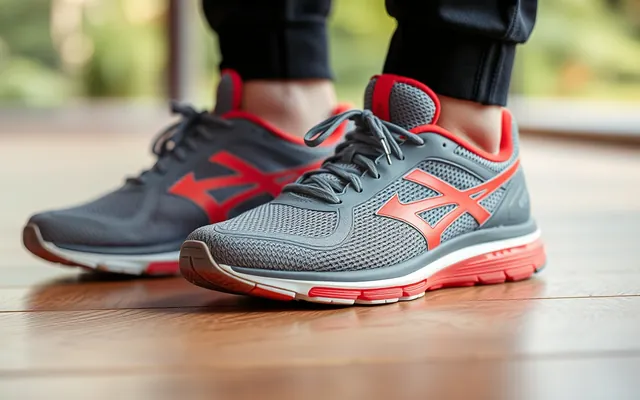 A pair of grey and red running shoes on a wooden floor
