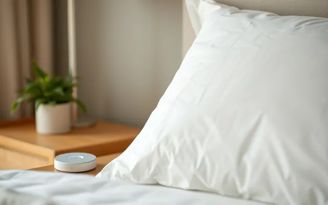 A small round sleep tracking device on a nightstand beside a white pillow