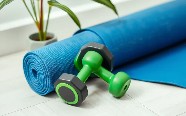 Small dumbbells beside a rolled blue yoga mat