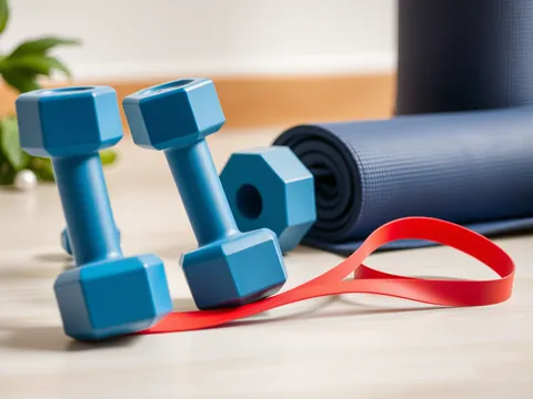Blue dumbbells, a rolled yoga mat and a red resistance band