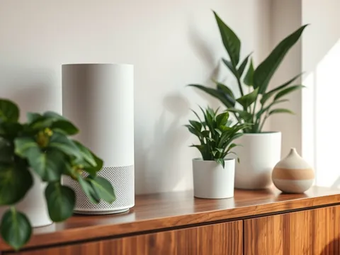 A white air purifier and an aroma diffuser beside houseplants