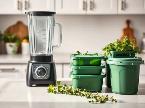 A countertop blender, a shaker bottle and meal prep containers