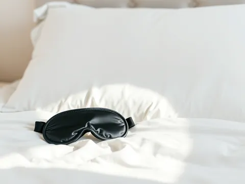 A black silk sleep mask resting on a white pillow