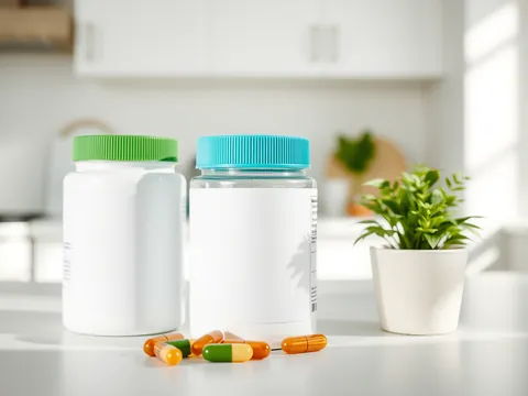 Plain supplement tubs with blank labels, a few capsules and a small potted plant on a kitchen counter