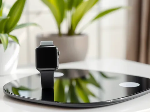A black smartwatch standing on a black glass smart bathroom scale