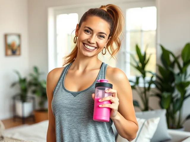 A woman in a grey sports top holding a protein shaker in a bright living room