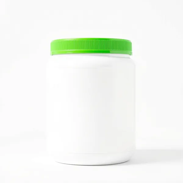 A plain white protein powder tub with a green lid (illustrative image, not the actual product)