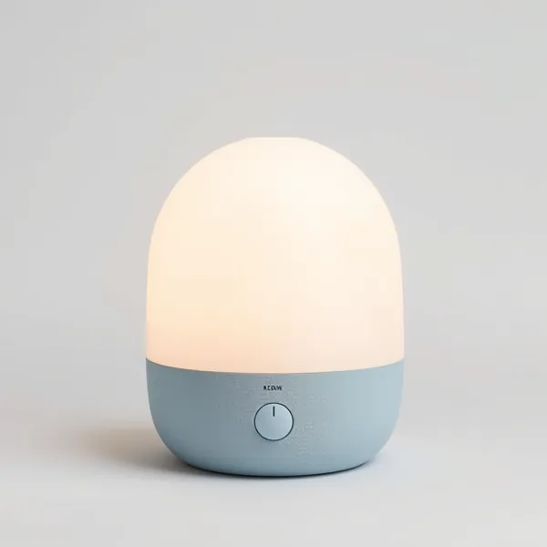 A dome-shaped bedside lamp with a softly glowing top and a pale blue base (illustrative image)