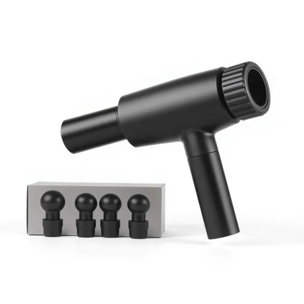 A black percussion massage gun beside a set of attachment heads (illustrative image)