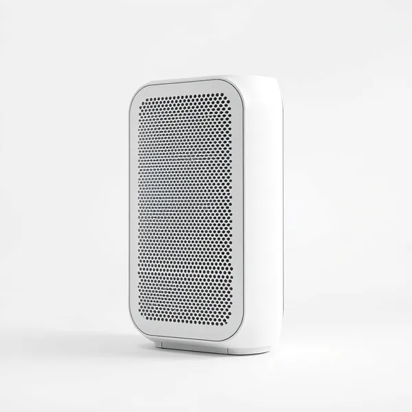 A compact white air purifier with a perforated grey front grille (illustrative image)