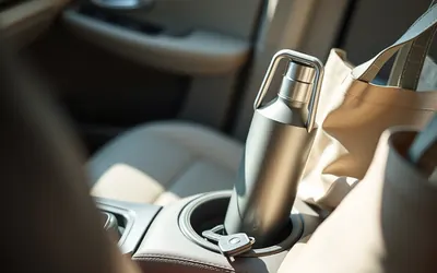 An insulated bottle with a carry handle standing in a car cup holder, with keys and a tote bag on the passenger seat