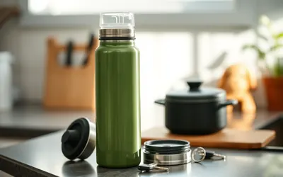 An insulated stainless steel water bottle with a straw lid on a kitchen counter beside a second lid and a set of keys