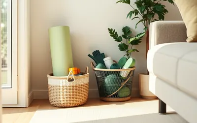 An illustration of a small, tidy living room corner with a folded mat leaning against the wall beside a basket holding the rest of the workout kit