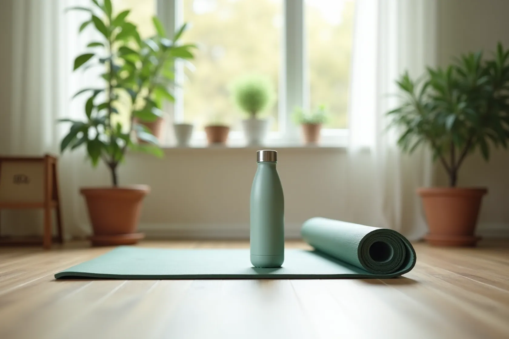 A corner of a home room set up for exercise, with clear floor space, a mat and a water bottle