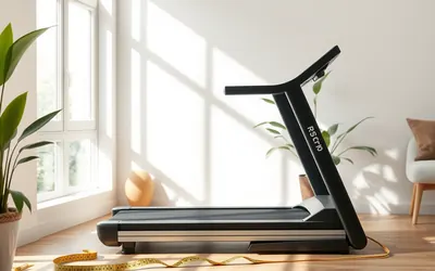 An illustrative photo of a treadmill standing in the corner of a bright living room, with a measuring tape on the floor beside it