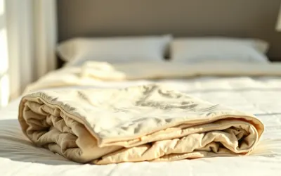 A folded cotton weighted blanket at the foot of a neatly made bed in soft morning light