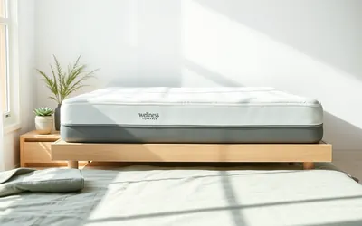 an illustrative photo of a neatly made bed with a thick foam mattress in a calm, softly lit bedroom