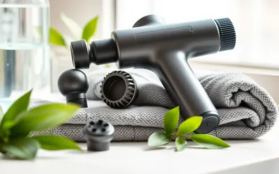 A massage gun with two interchangeable heads resting on a folded grey towel beside a water bottle