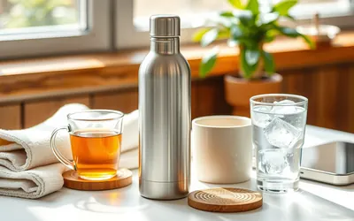 A stainless steel bottle with a screw cap standing on a desk beside a folded coaster, a mug of tea and a glass of iced water