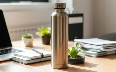 A stainless steel water bottle standing on a tidy office desk beside a laptop, a notebook and a stack of papers