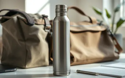 A stainless steel water bottle standing upright on a desk next to an open canvas work bag and a padded laptop sleeve