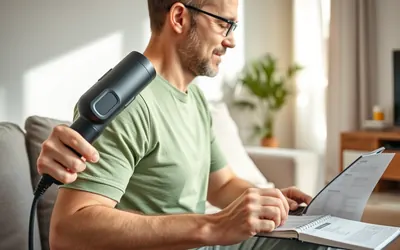 A person using a cordless massage gun on a shoulder in a calm living room, with a notebook and specs page nearby