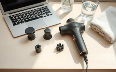 A handheld massage gun with three interchangeable heads laid out on a pale wooden desk beside a laptop, a glass of water and a folded towel