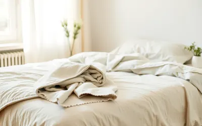 A neatly made bed with a light-coloured cover and a folded blanket in a bright, airy bedroom