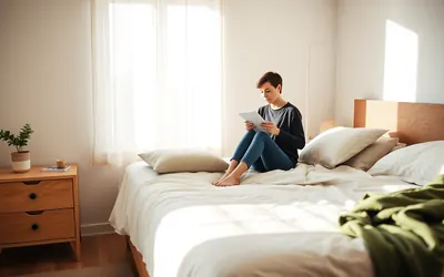 A person sitting on the edge of an unmade bed in a calm bedroom, holding a phone and a delivery note
