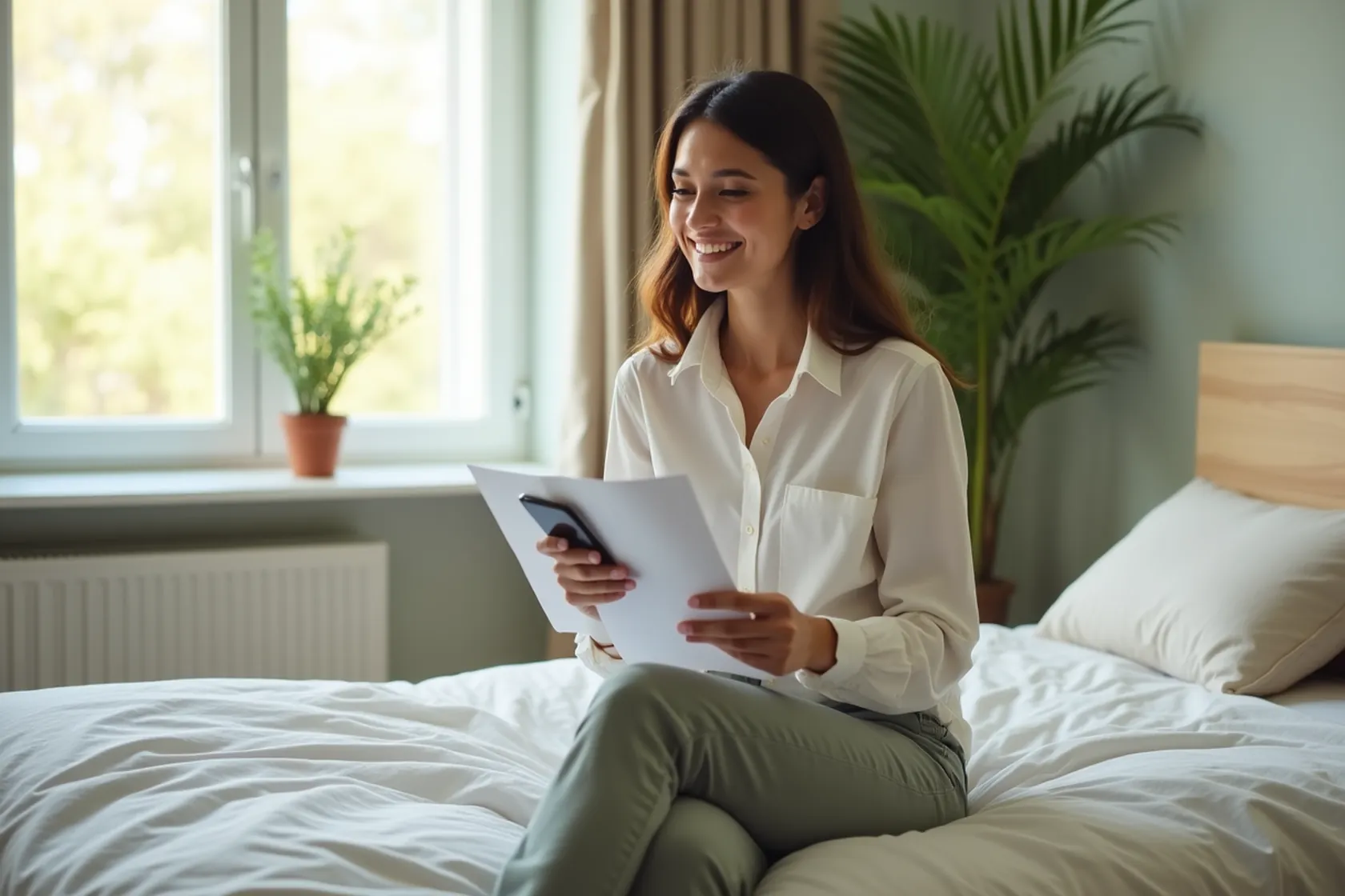 A person sitting on the edge of an unmade bed in a calm bedroom, holding a phone and a delivery note