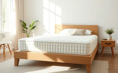Illustrative photo of a neatly made bed with a thick white mattress in a calm, sunlit bedroom