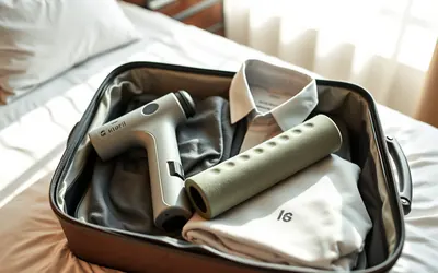 A small handheld massage gun, a compact foam roller and a folded shirt packed into an open carry-on suitcase on a hotel bed