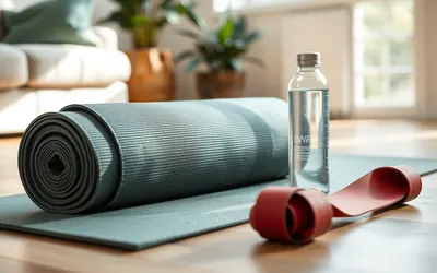 A rolled yoga mat and a set of resistance bands on a living room floor beside a water bottle