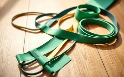 An illustrative photo of assorted resistance bands in different shapes and colours arranged on a wooden floor