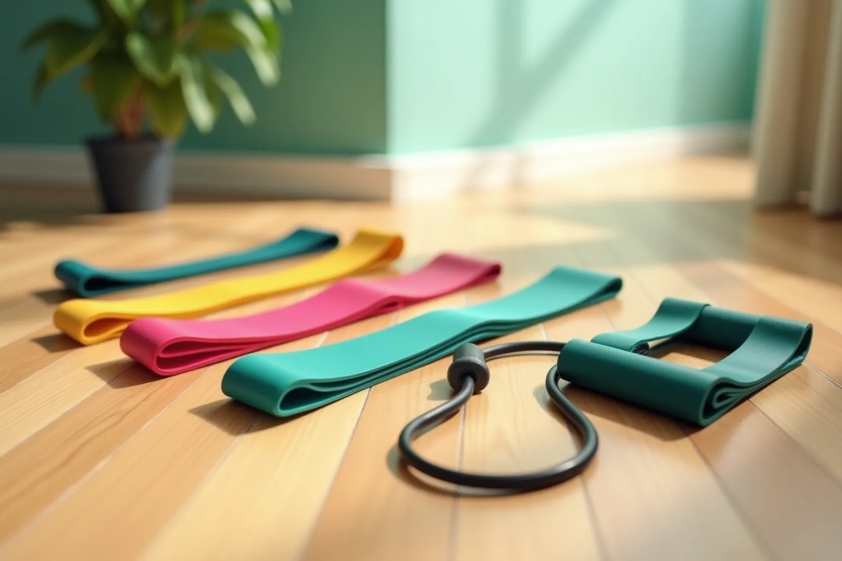 An illustrative photo of assorted resistance bands in different shapes and colours arranged on a wooden floor