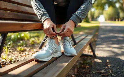 A person sitting on a wooden bench lacing up a plain pair of running shoes beside a park path