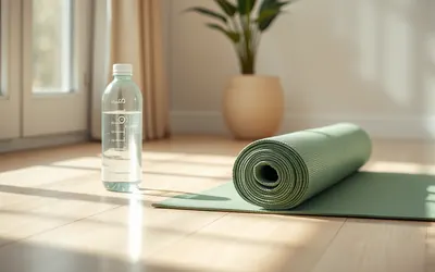 A rolled yoga mat beside a water bottle on a light wooden floor in a calm, sunlit room
