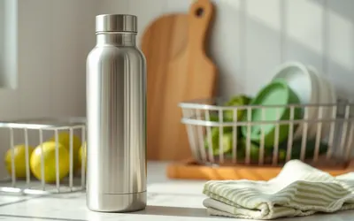 A stainless steel insulated bottle standing open on a kitchen counter beside a dish rack and a cloth