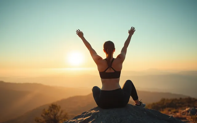 A woman celebrating a sunrise on a mountain top