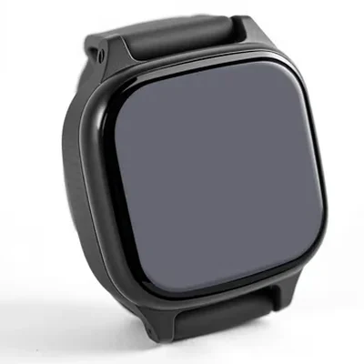 A square-faced fitness tracker watch with a black strap