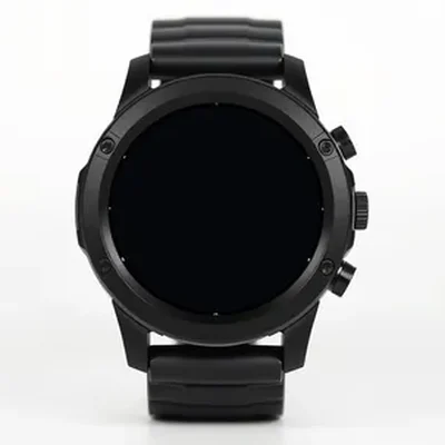 A round sports smartwatch with a black strap