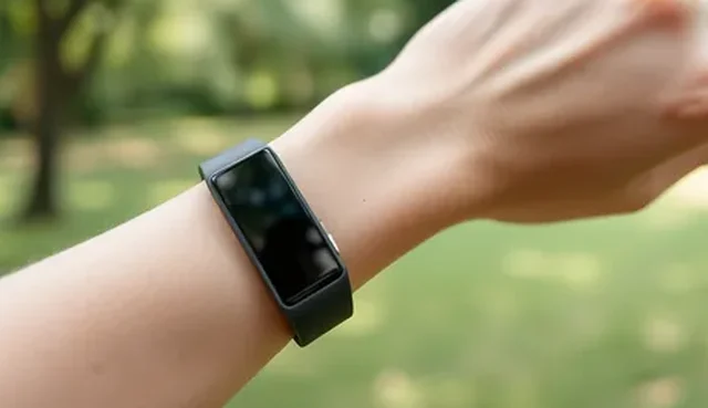 A black fitness tracker band worn on a raised wrist in a green park