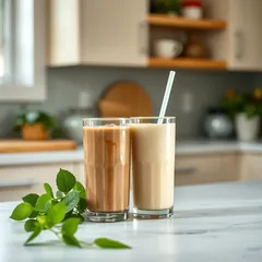 Glasses of chocolate and vanilla protein shakes