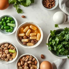 Small bowls of vitamins and healthy food