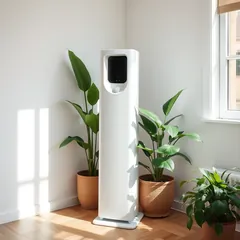 A white air purifier in a bright room
